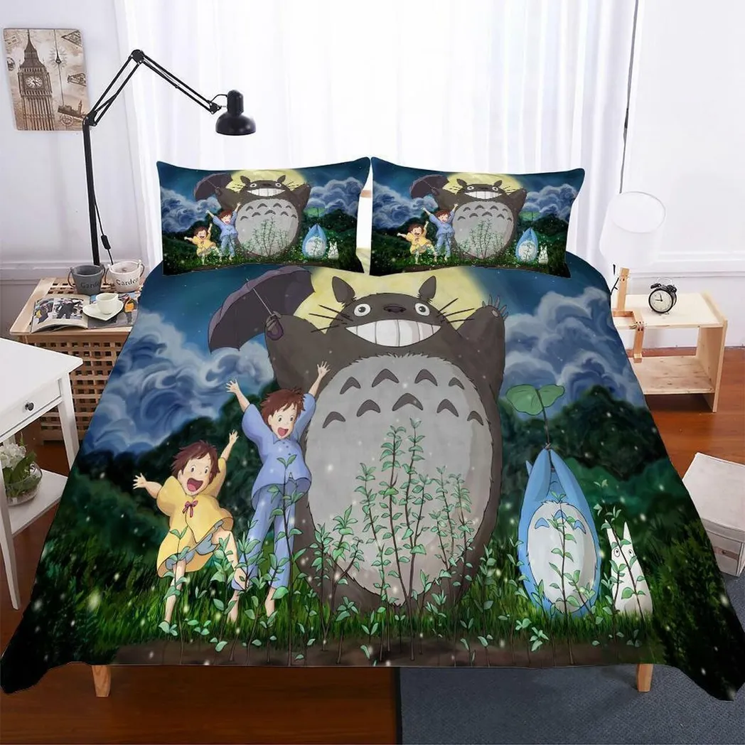 3 Pieceet Totoro Pattern Theme Digital Printing Anime Alluring Art Bedding Set Duvet Cover With Pillowcase Meaningful Gift For Anime Ghibli Lover