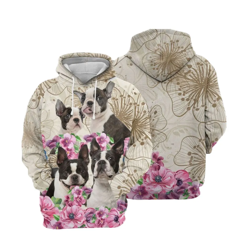 Boston Terrier Flower For Unisex Hoodie, Zip-up Hoodie