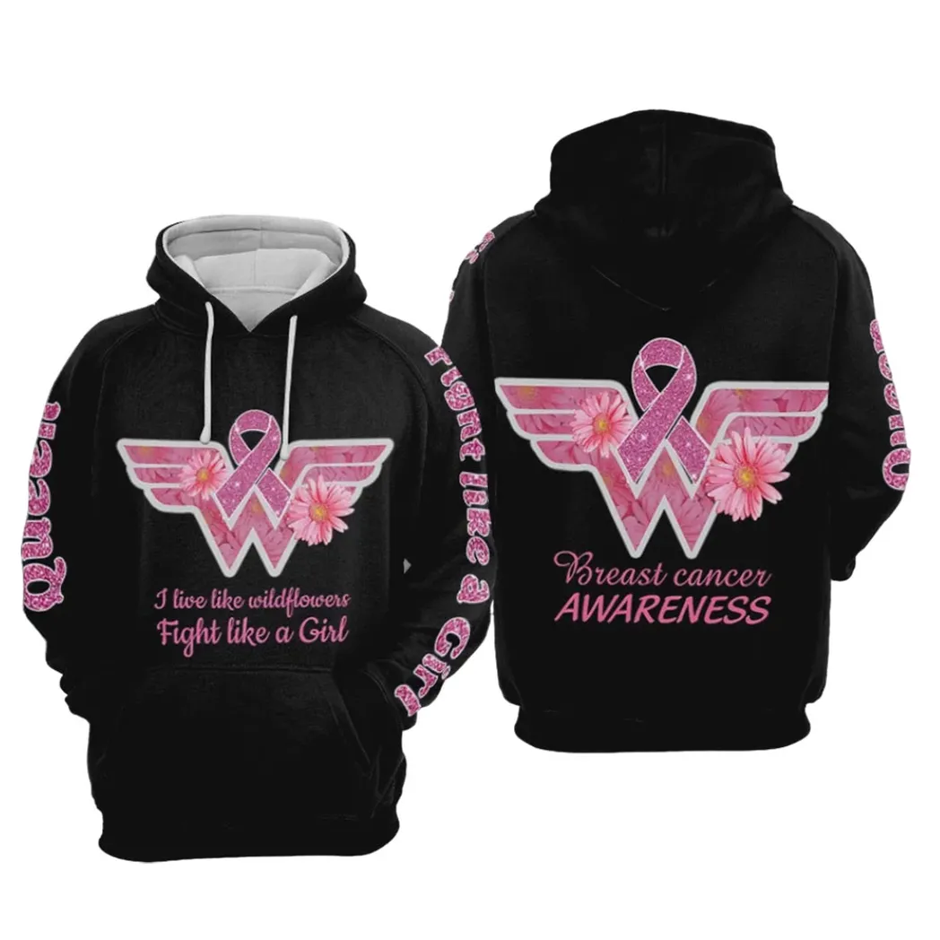 Personalized I Live Like Wildflowers Fight Like A Girl, Breast Cancer Awareness Hoodie, Zip-up Hoodie