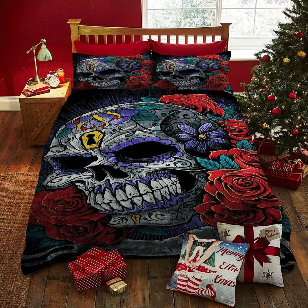 Skull Art Love Gothic Design Decoration With Bedding Set Duvet Cover With Pillowcase Gift For Halloween Season