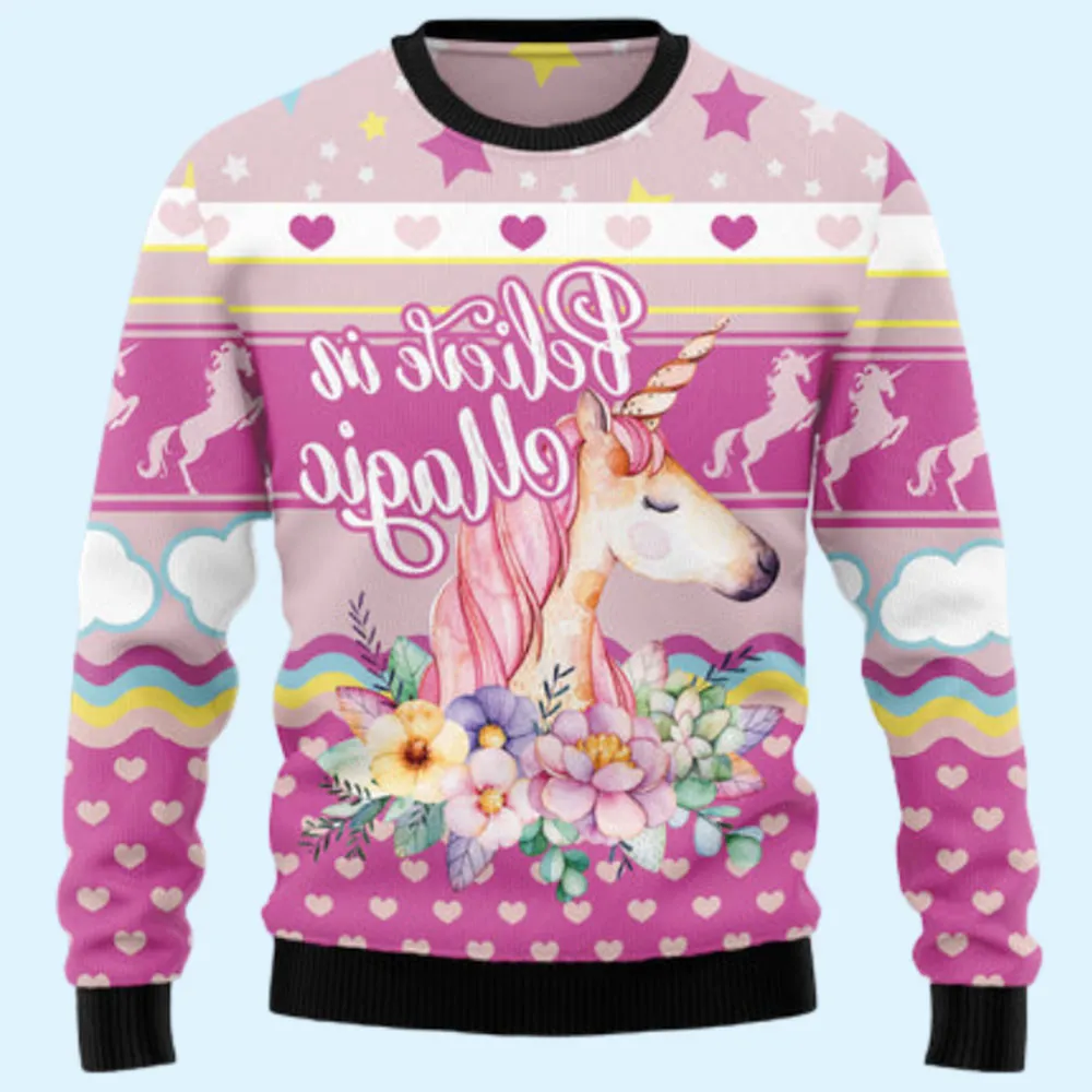 Unicorn Believe In Magic Ugly Sweater, Gift for Family, Mother, Father