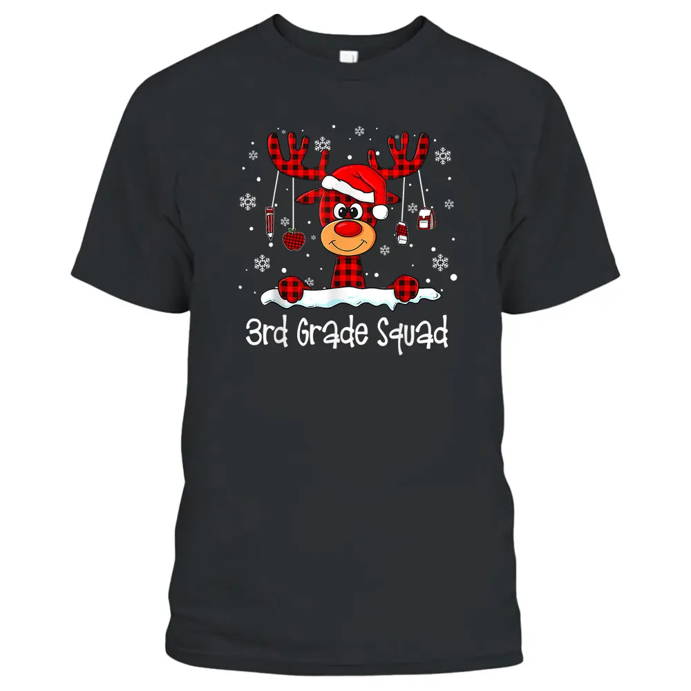 3rd Grade Squad Plaid Reindeer Santa Hat Teacher Christmas T-Shirt