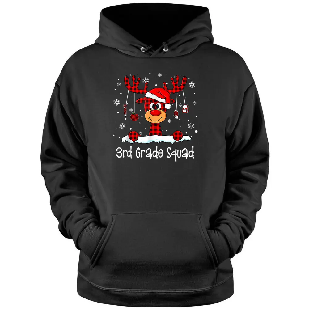 3rd Grade Squad Plaid Reindeer Santa Hat Teacher Christmas Pullover Hoodie