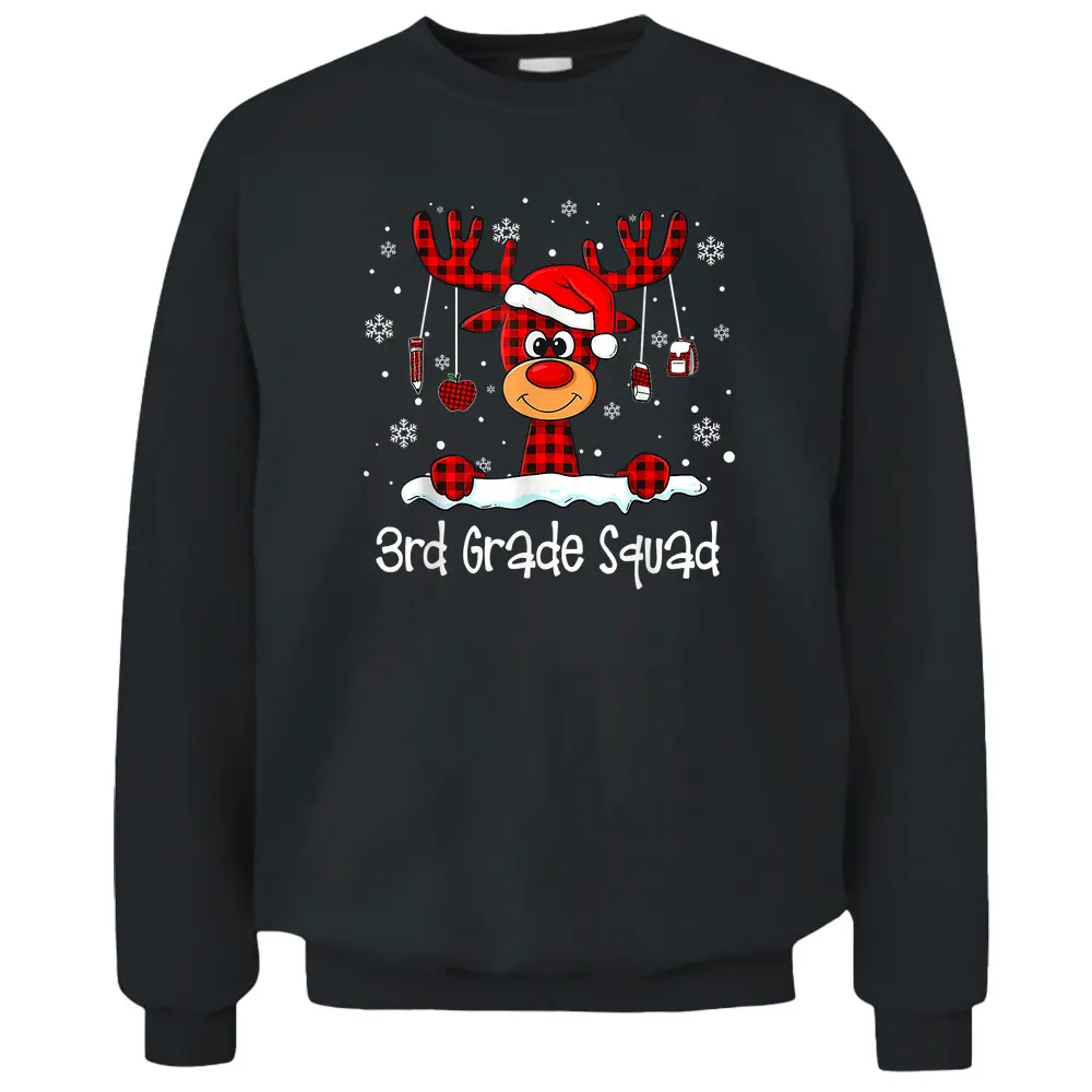 3rd Grade Squad Plaid Reindeer Santa Hat Teacher Christmas Pullover Sweatshirt