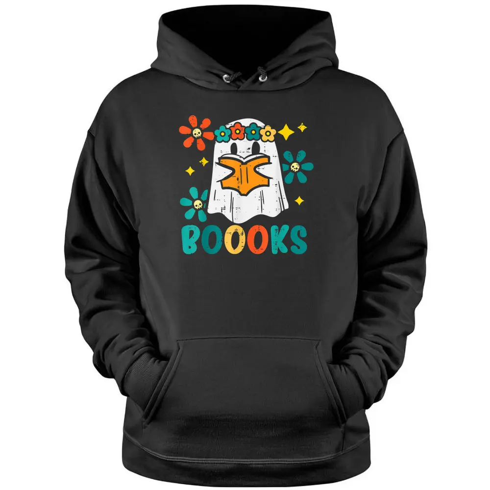 Books Ghost Reading Boooks Retro Groovy Halloween Teacher Pullover Hoodie