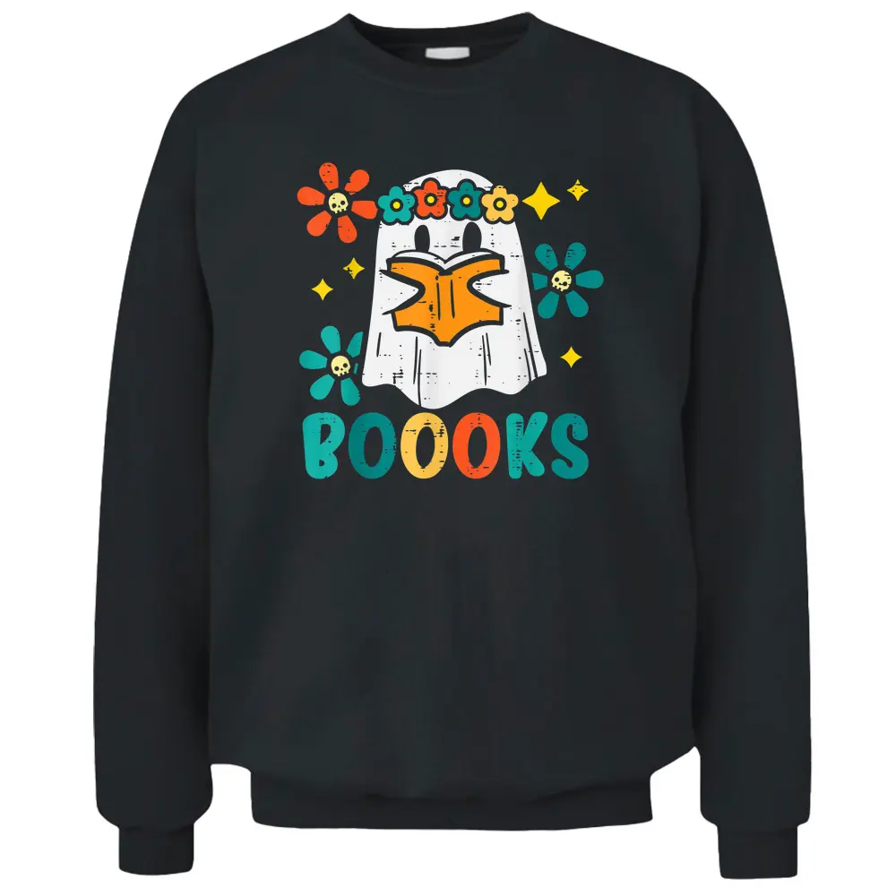 Books Ghost Reading Boooks Retro Groovy Halloween Teacher Pullover Sweatshirt