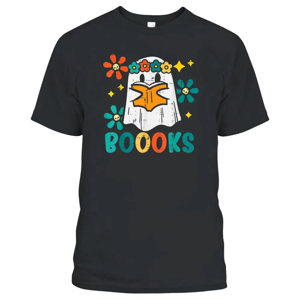 Books Ghost Reading Boooks Retro Groovy Halloween Teacher T-Shirt