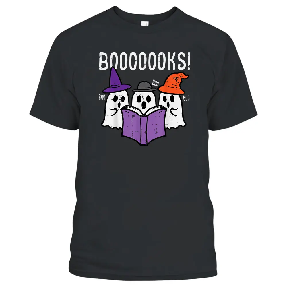 Boooks Ghosts Reading Book Retro Halloween Teacher Librarian T-Shirt