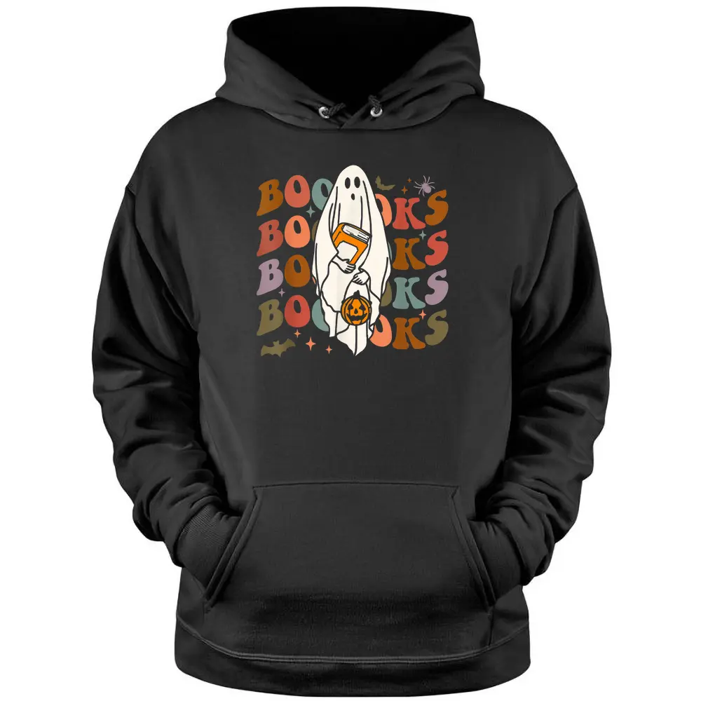 Booooks Ghost Halloween Groovy Vintage Teacher Book Reading Pullover Hoodie