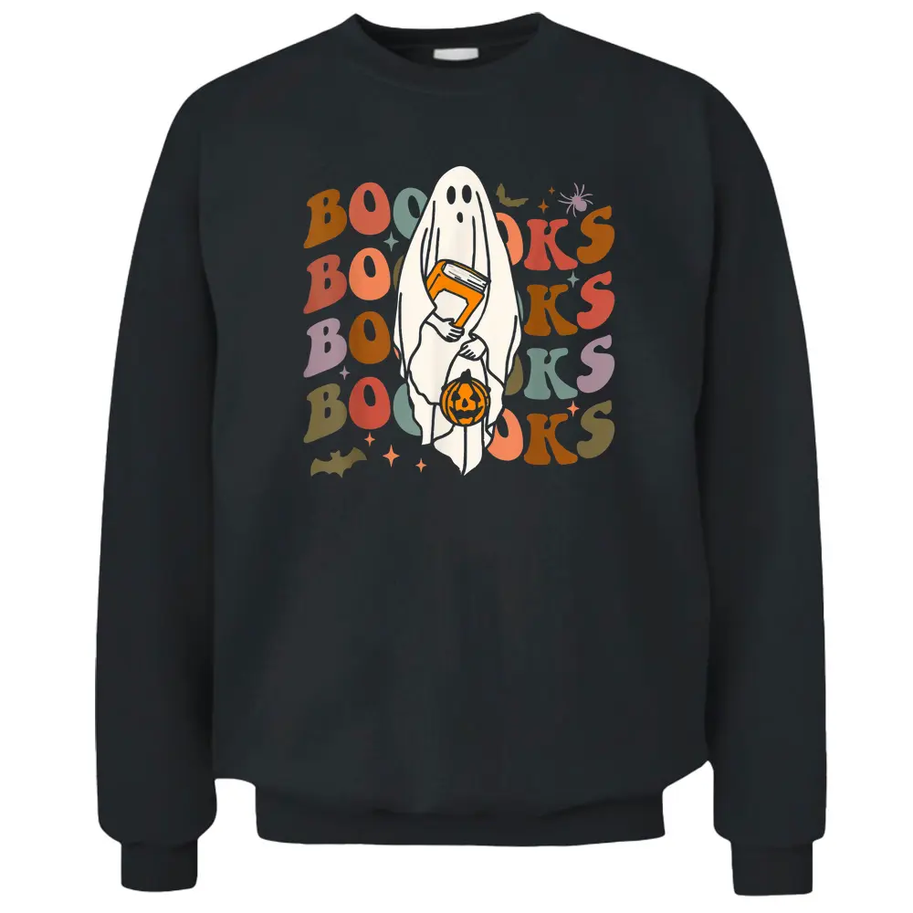 Booooks Ghost Halloween Groovy Vintage Teacher Book Reading Pullover Sweatshirt