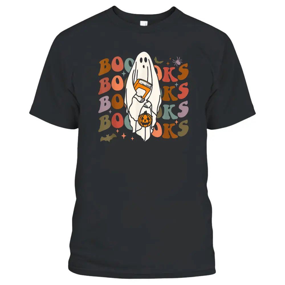 Booooks Ghost Halloween Groovy Vintage Teacher Book Reading T-Shirt