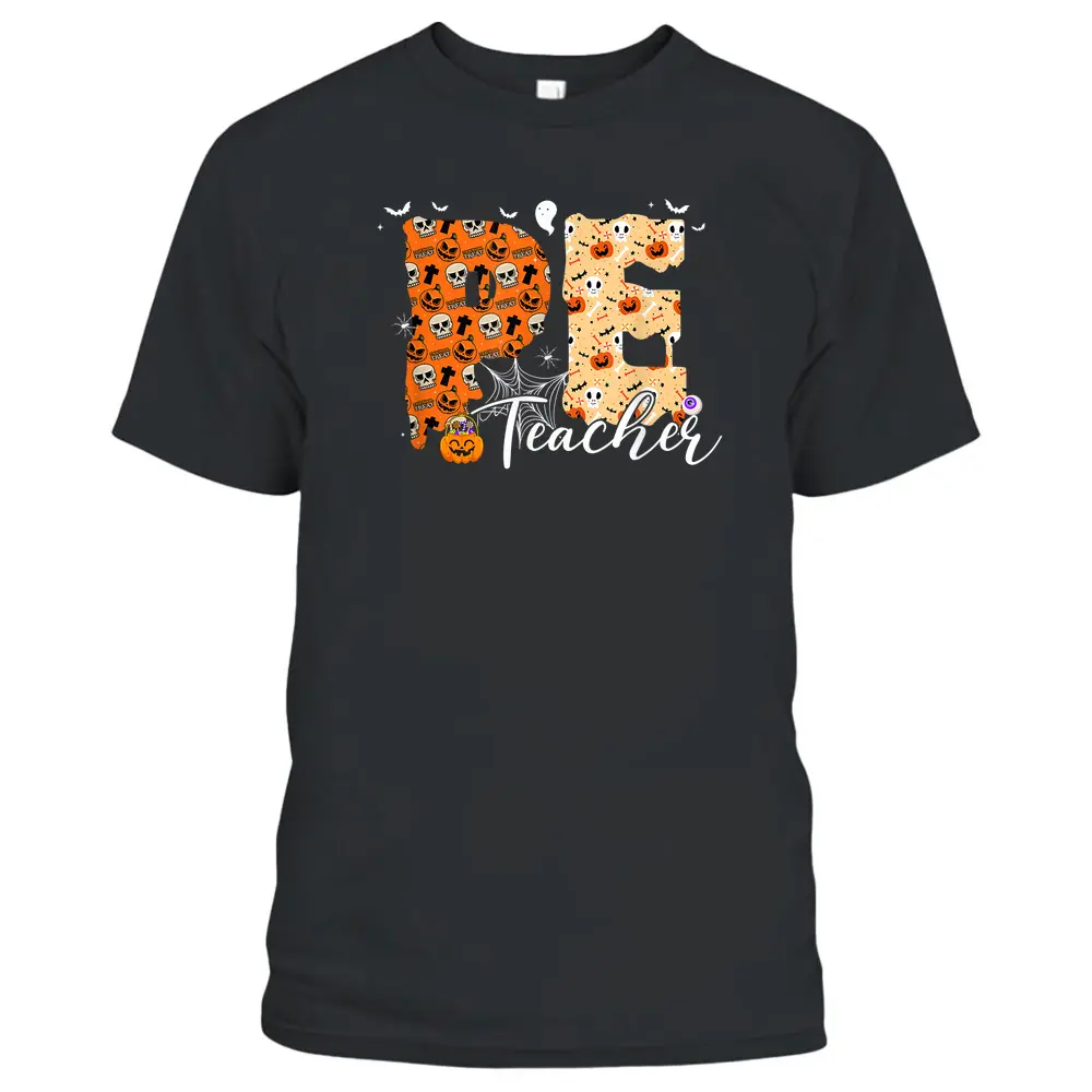 Funny PE Teacher Halloween Costume Pumpkin Fall Skeleton T-Shirt