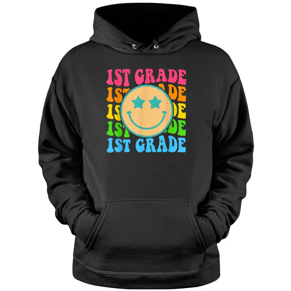 Groovy First Grade Vibes Face Retro Teachers Back To School Pullover Hoodie