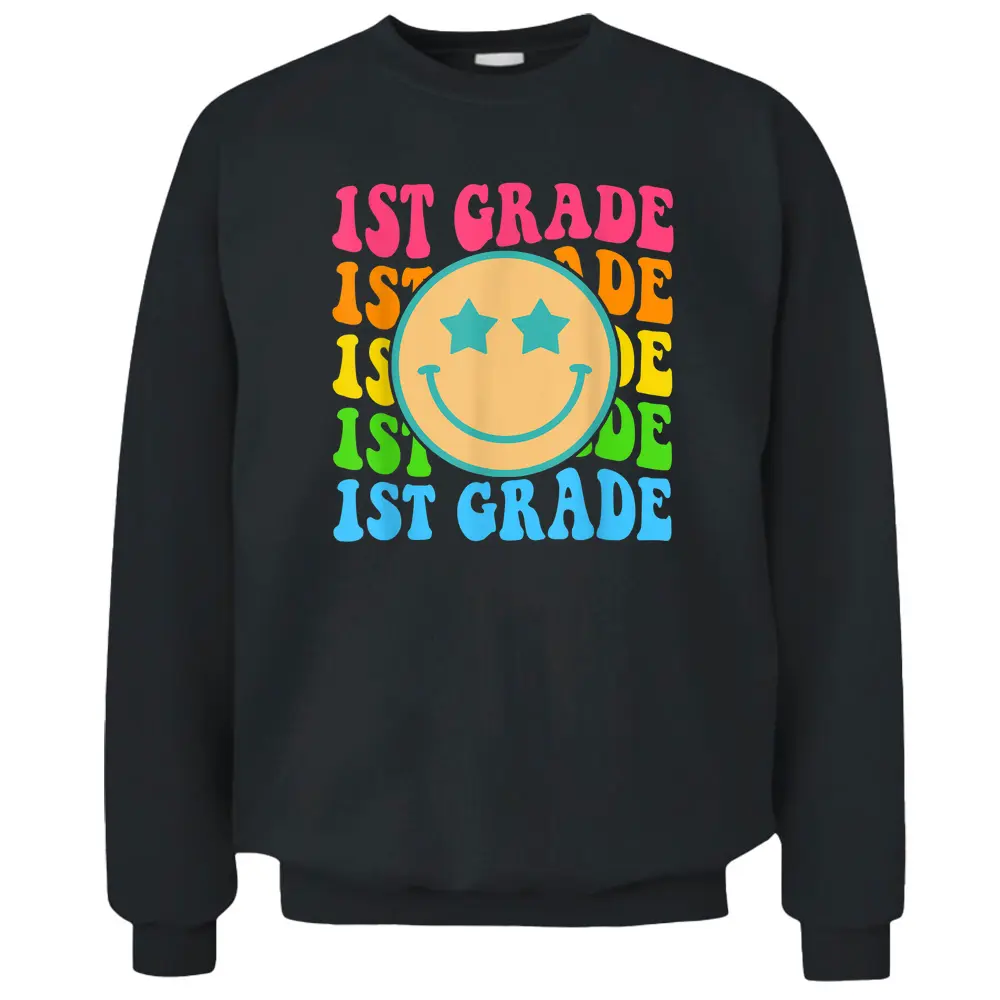 Groovy First Grade Vibes Face Retro Teachers Back To School Pullover Sweatshirt