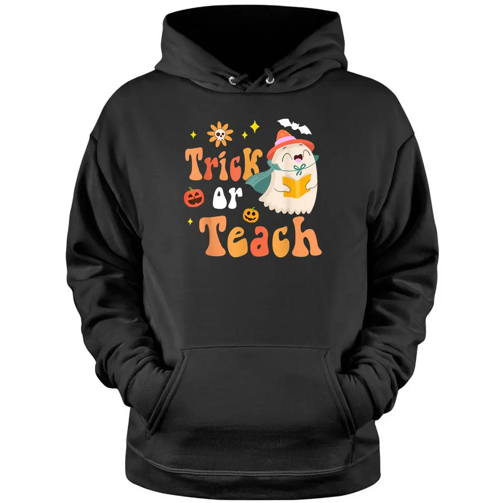 Groovy Halloween Trick Or Teach Retro Floral Ghost Teacher Pullover Hoodie