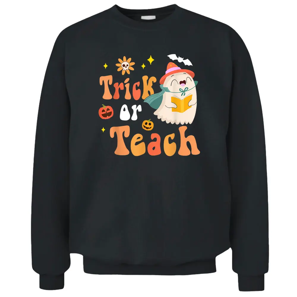 Groovy Halloween Trick Or Teach Retro Floral Ghost Teacher Pullover Sweatshirt