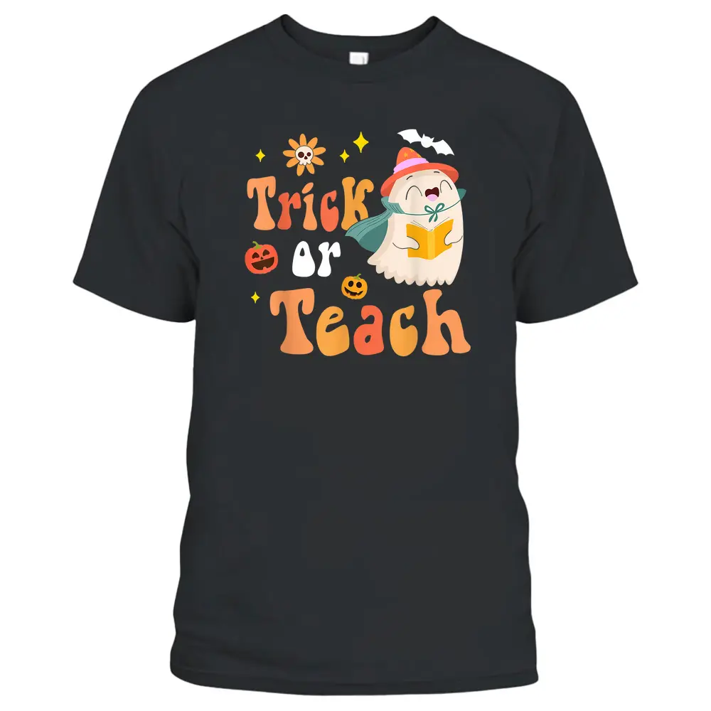 Groovy Halloween Trick Or Teach Retro Floral Ghost Teacher T-Shirt