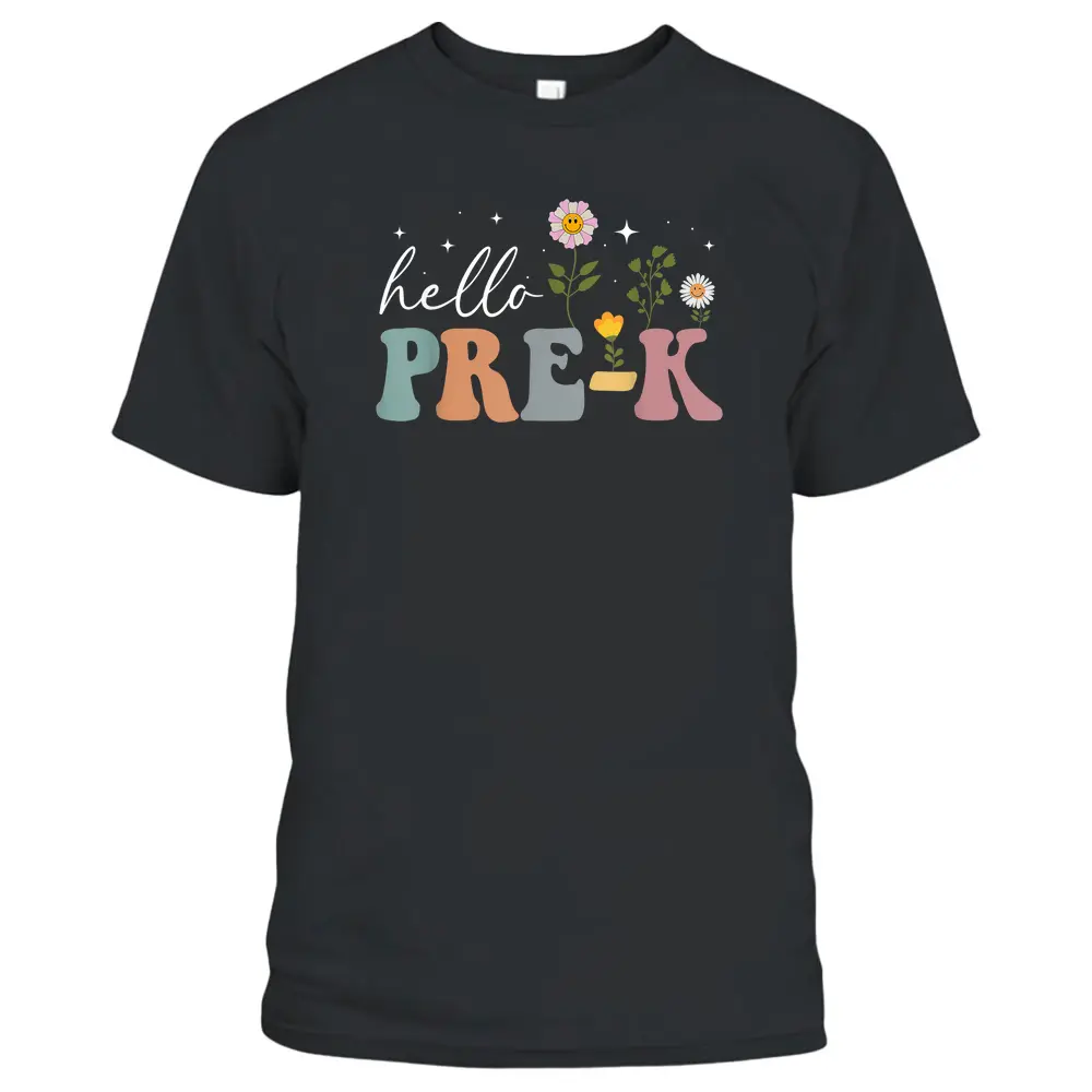 Groovy Hello Pre-K Teacher Back To School Floral T-Shirt