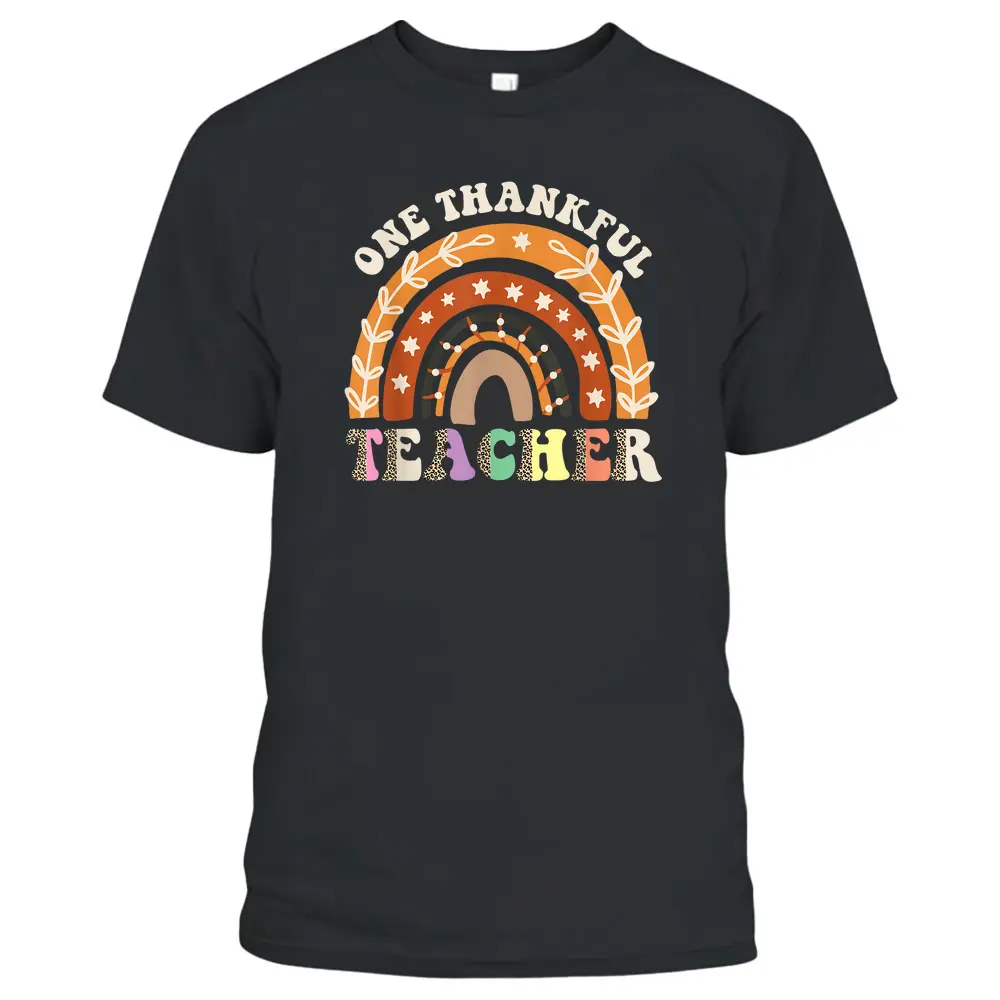 One Thankful Teacher Leopard Rainbow Pumpkin Thanksgiving T-Shirt