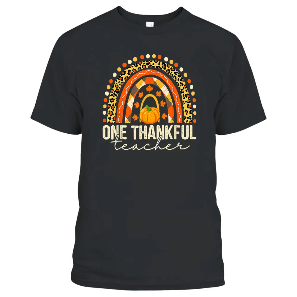 One Thankful Teacher Rainbow Leopard Thanksgiving Women T-Shirt