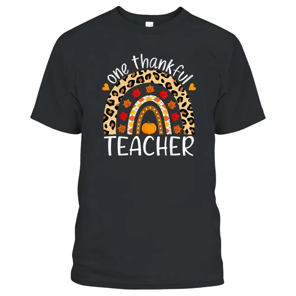 One Thankful Teacher Thanksgiving Rainbow Leopard Fall T-Shirt