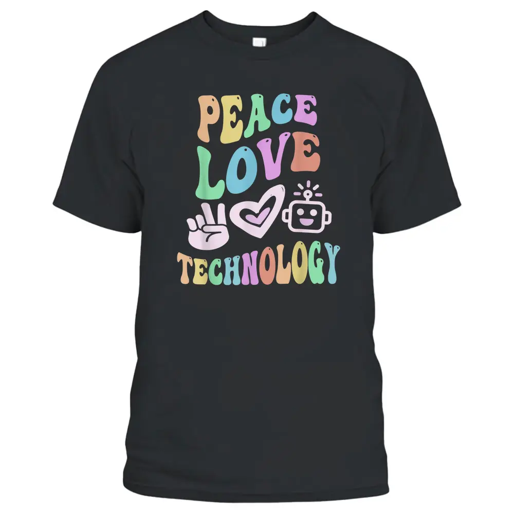 PEACE LOVE TECHNOLOGY Retro Computer Teacher Groovy School T-Shirt