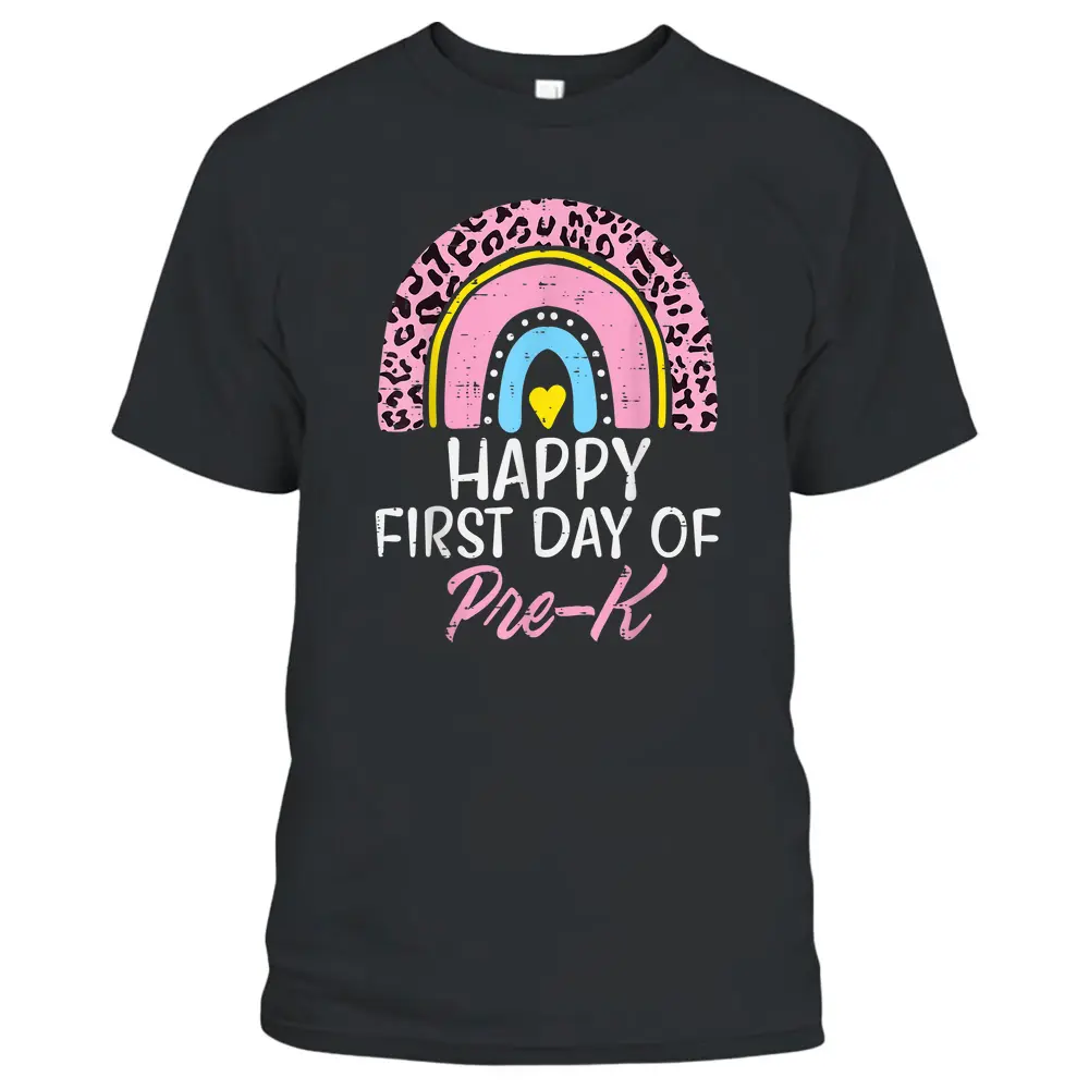 Pink Leopard Rainbow Happy First Day Of Pre-K Prek Teacher T-Shirt