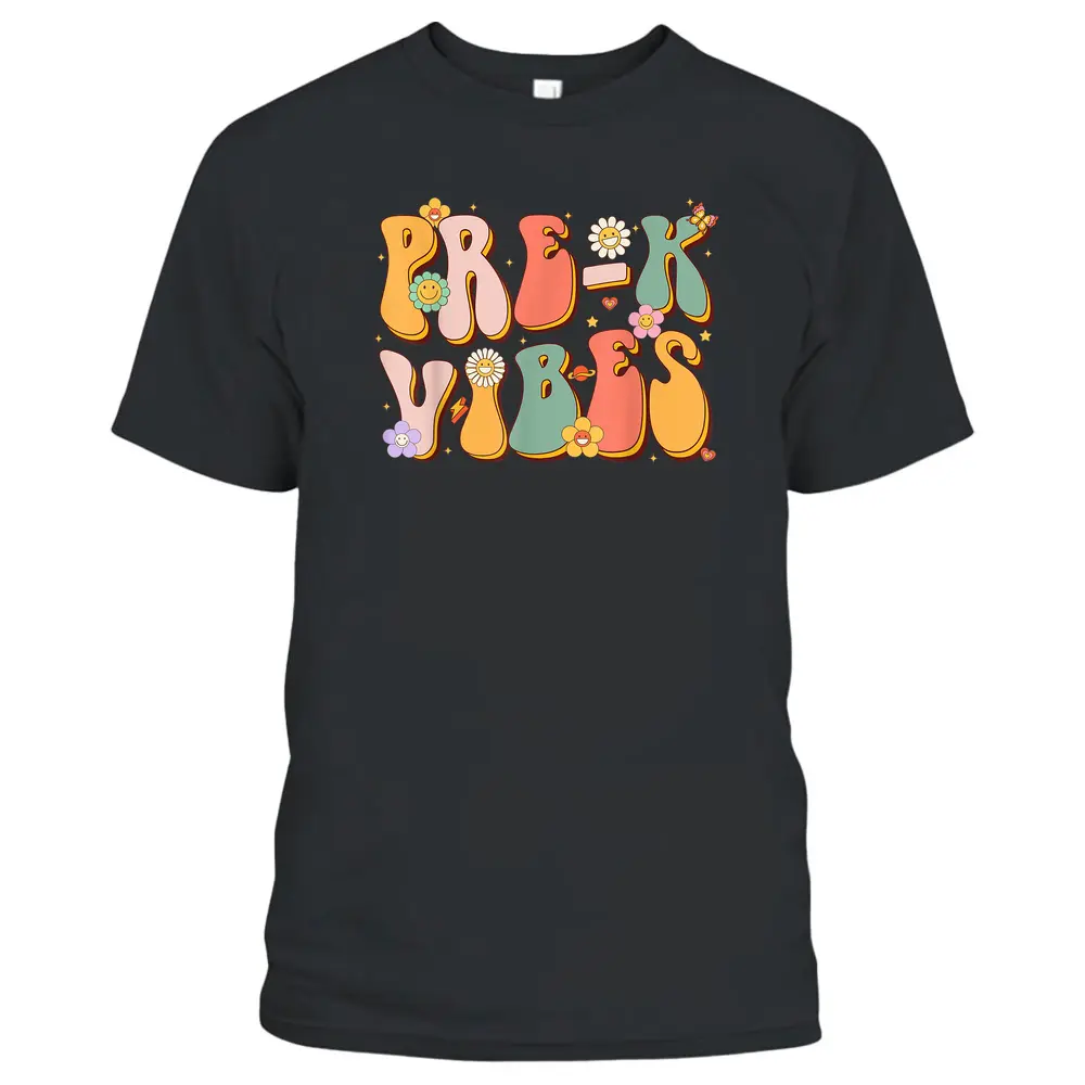 Pre K Vibes Retro Groovy Preschool Teacher Back To School T-Shirt