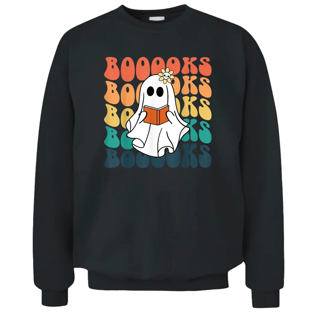 Retro Cute Ghost Book Reading Halloween Teacher Top Pullover Sweatshirt