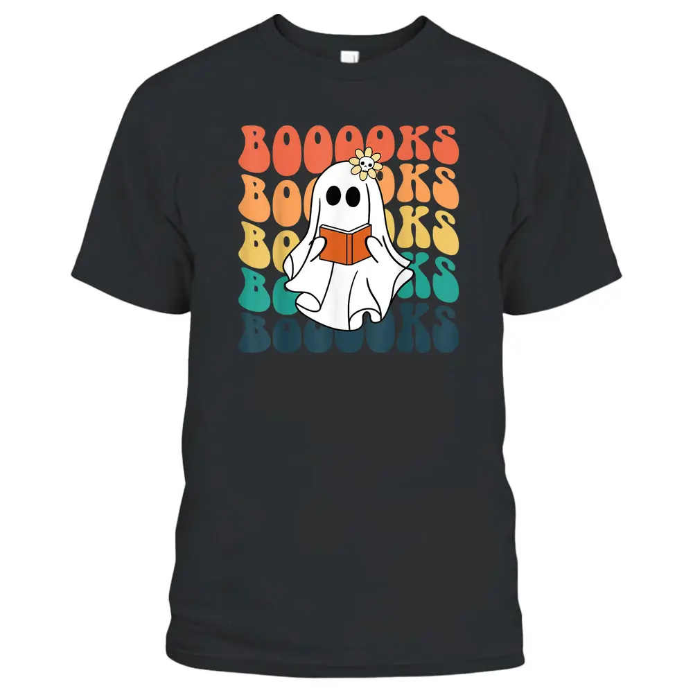 Retro Cute Ghost Book Reading Halloween Teacher Top T-Shirt