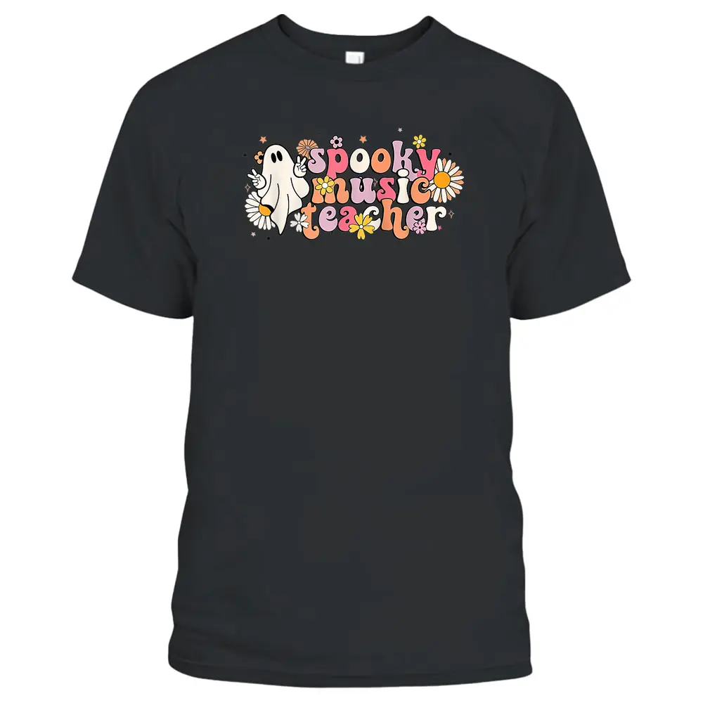 Retro Spooky Music Teacher Floral Ghost School Halloween T-Shirt