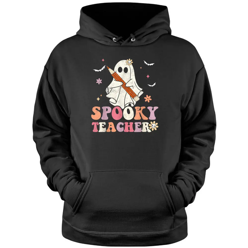 Spooky Teacher Ghost Halloween Groovy Retro Trick Or Treat Pullover Hoodie