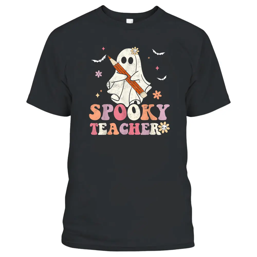 Spooky Teacher Ghost Halloween Groovy Retro Trick Or Treat T-Shirt