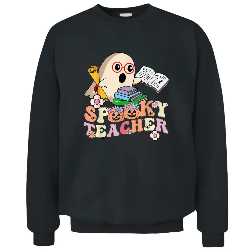 Spooky Teacher Groovy Retro Ghost Teacher Halloween Pullover Sweatshirt