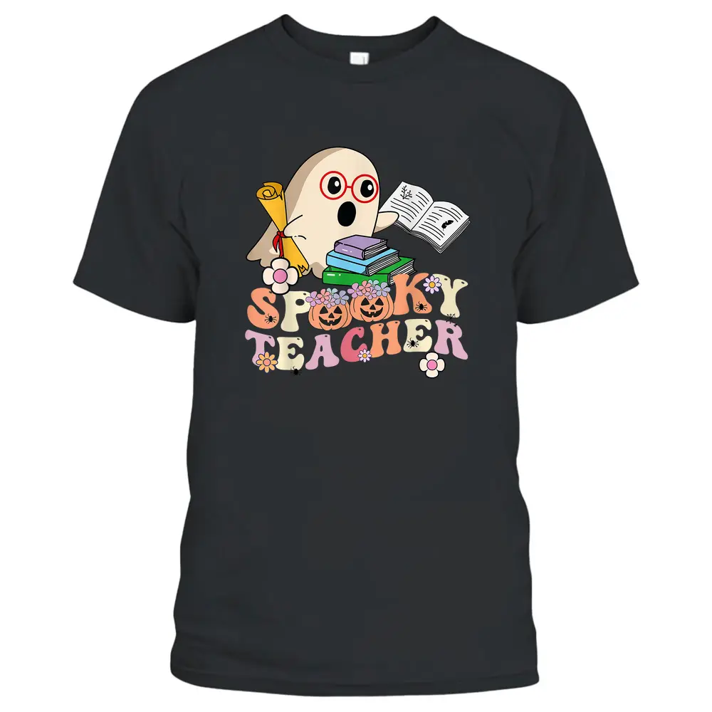 Spooky Teacher Groovy Retro Ghost Teacher Halloween T-Shirt