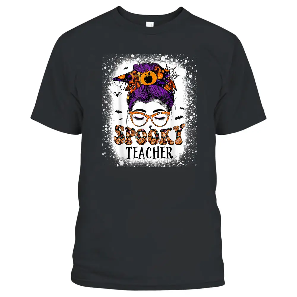 Spooky Teacher Womens Messy Bun Bleached Halloween Teachers T-Shirt