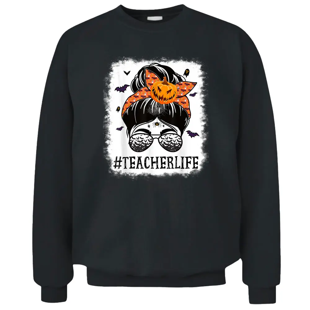 Teacher Messy Bun Spooky Pumpkin Orange Halloween Costume Pullover Sweatshirt