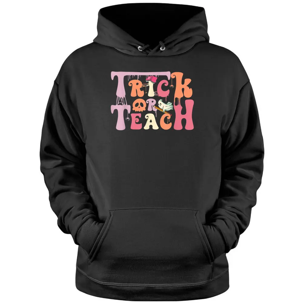 Trick Or Teach Floral Groovy Halloween Teacher Retro Ghost Pullover Hoodie