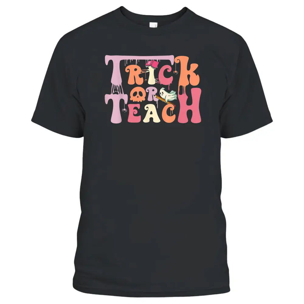 Trick Or Teach Floral Groovy Halloween Teacher Retro Ghost T-Shirt