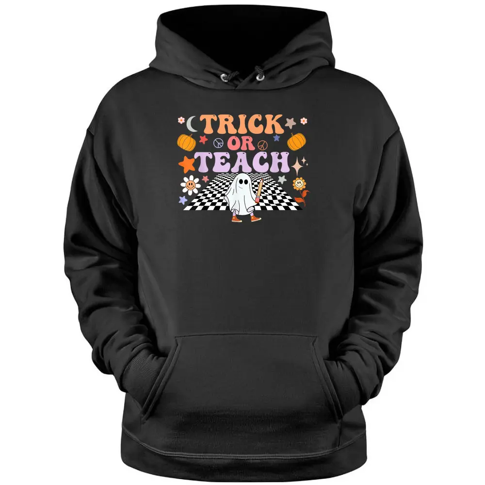 Trick Or Teach Ghost Teacher Halloween Retro Groovy Hippie Pullover Hoodie