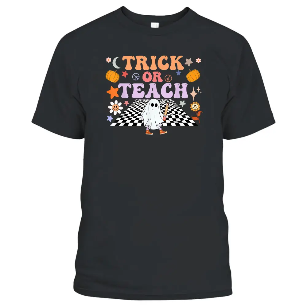 Trick Or Teach Ghost Teacher Halloween Retro Groovy Hippie T-Shirt