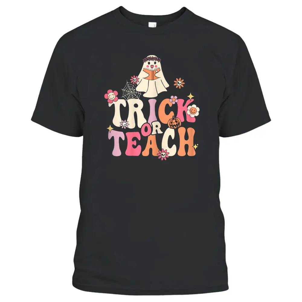 Womens Retro Groovy Halloween Trick Or Teach Vintage Teacher Ghost T-Shirt