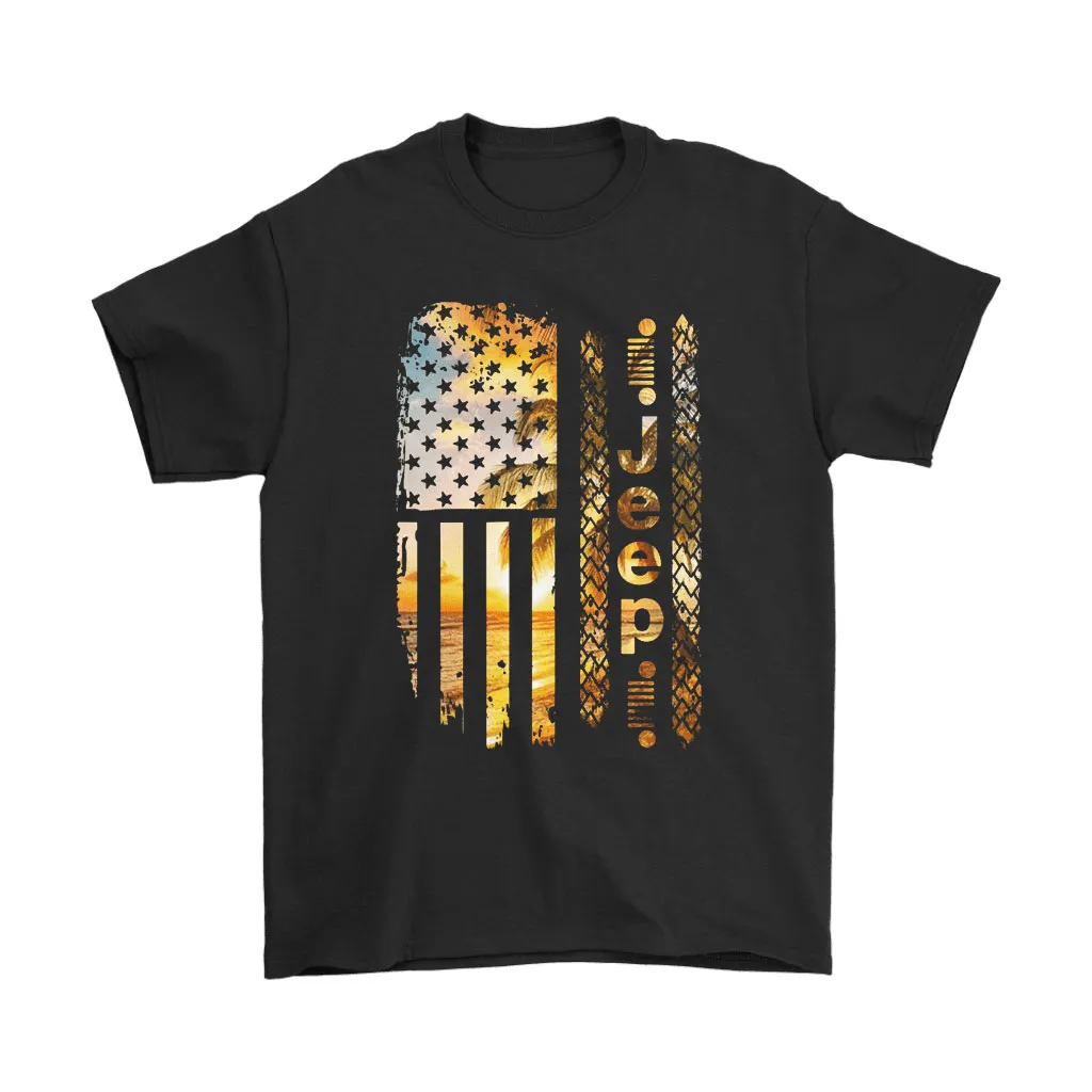 America Flag Jeep Car Sunset Beach Time Unisex T-Shirt, Hoodie, Sweatshirt