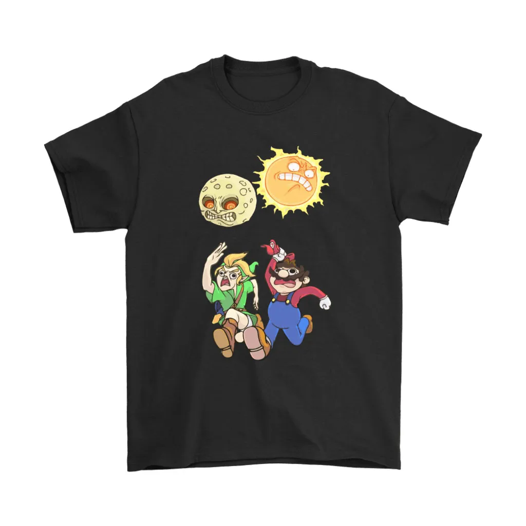 Angry Sun And Moon Link And Mario Run Away Unisex T-Shirt, Hoodie, Sweatshirt