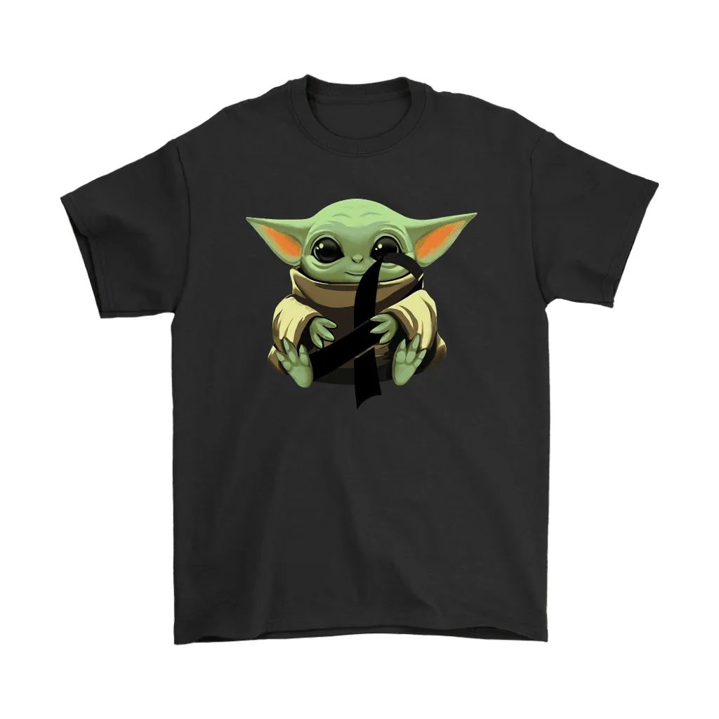 Baby Yoda Hugs Black Ribbon Honors Melanoma Awareness Unisex T-Shirt, Hoodie, Sweatshirt