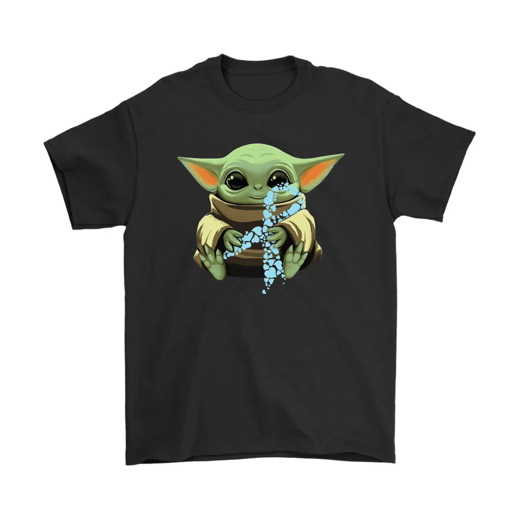 Baby Yoda Hugs Light Blue Ribbon Prostate Cancer Awareness Unisex T-Shirt, Hoodie, Sweatshirt