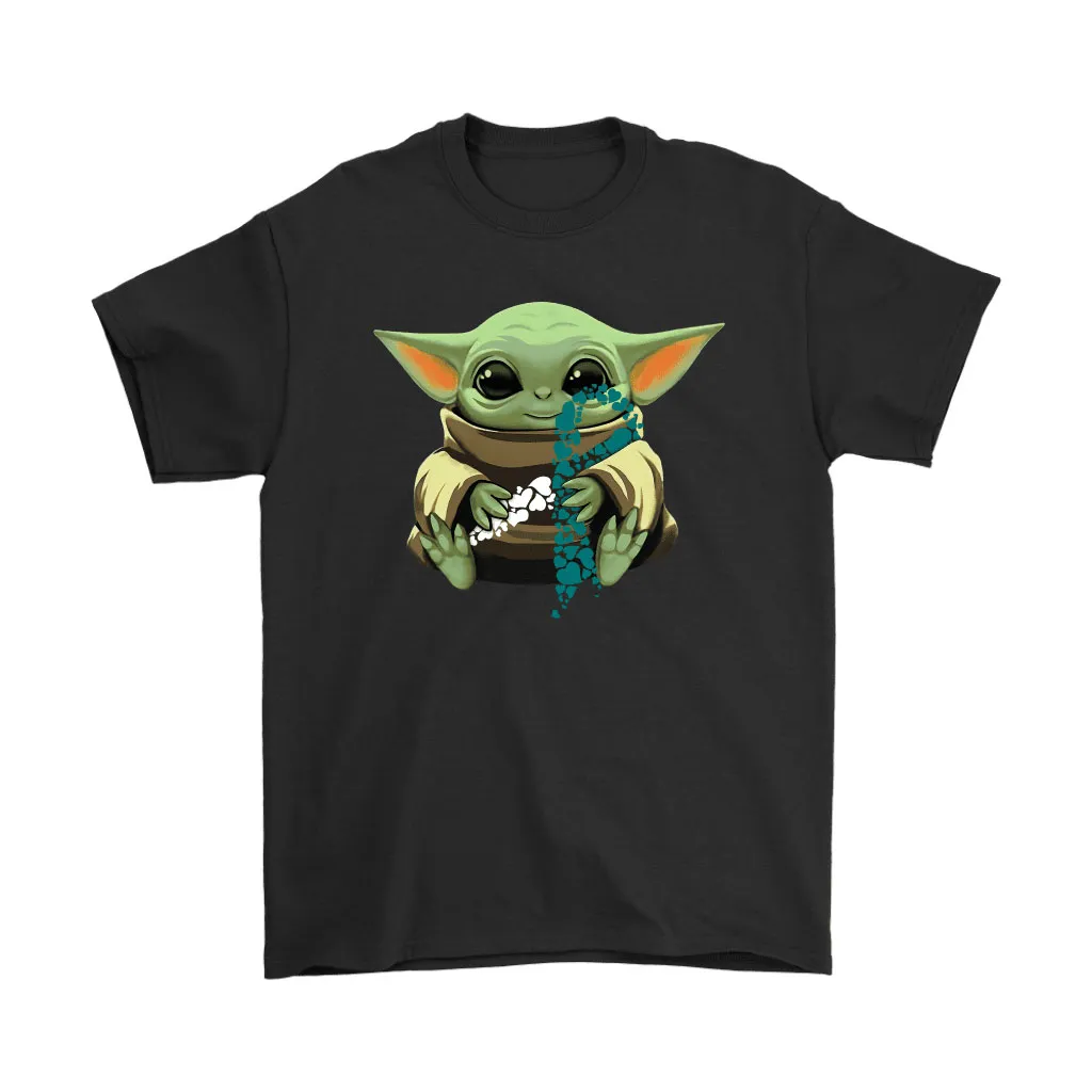 Baby Yoda Hugs Teal White Ribbon Crevical Cancer Awareness Unisex T-Shirt, Hoodie, Sweatshirt