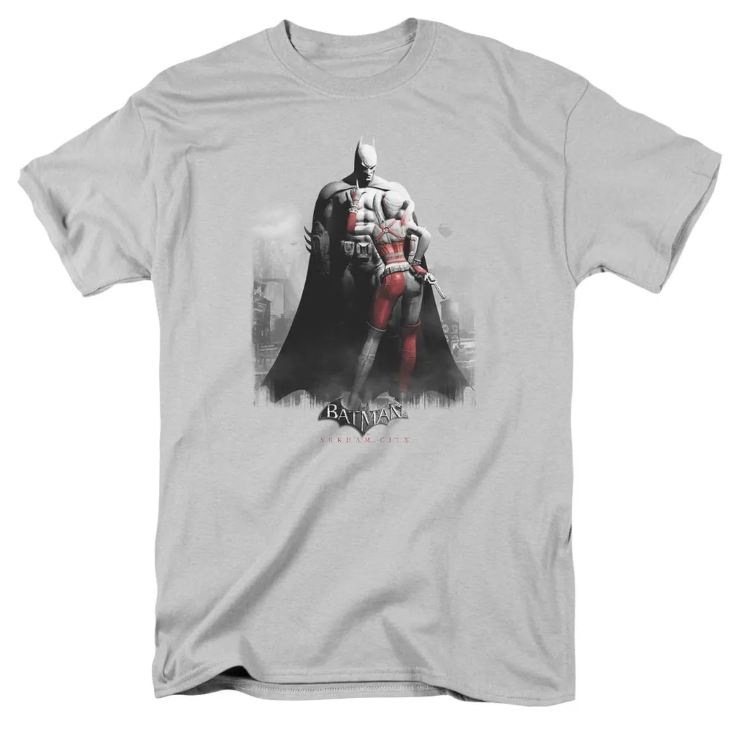 Batman Arkham City Harley And Bats Mens T Shirt Silver