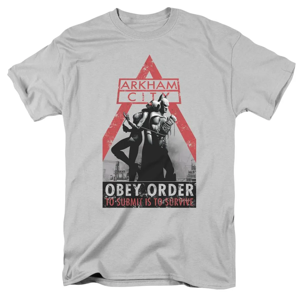 Batman Arkham City Obey Order Mens T Shirt Silver