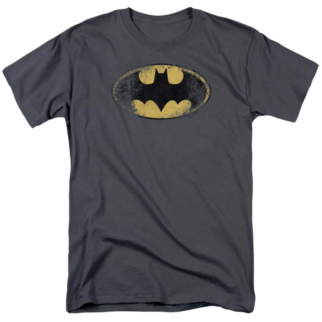 Batman Destroyed Logo Mens T Shirt Charcoal